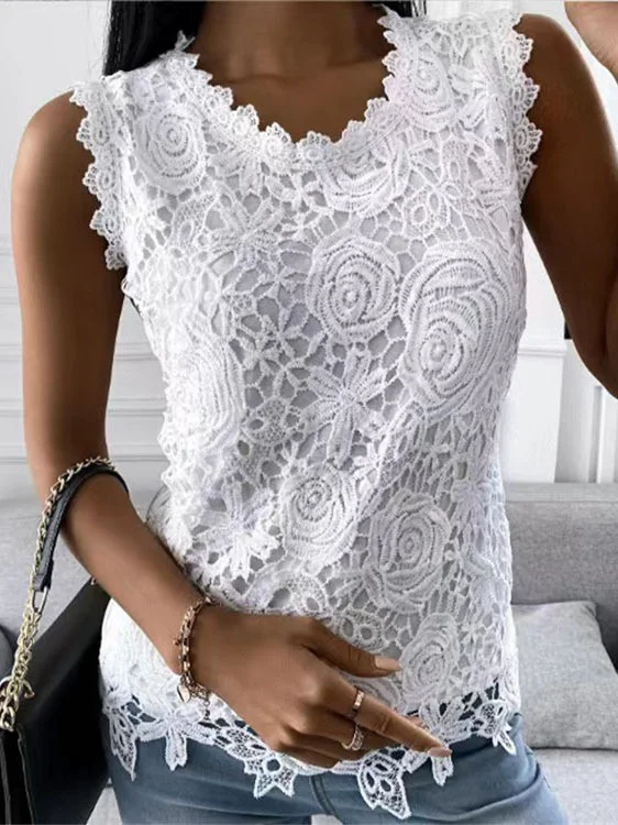 Women Sleeveless Scoop Neck Solid Color Lace Tops