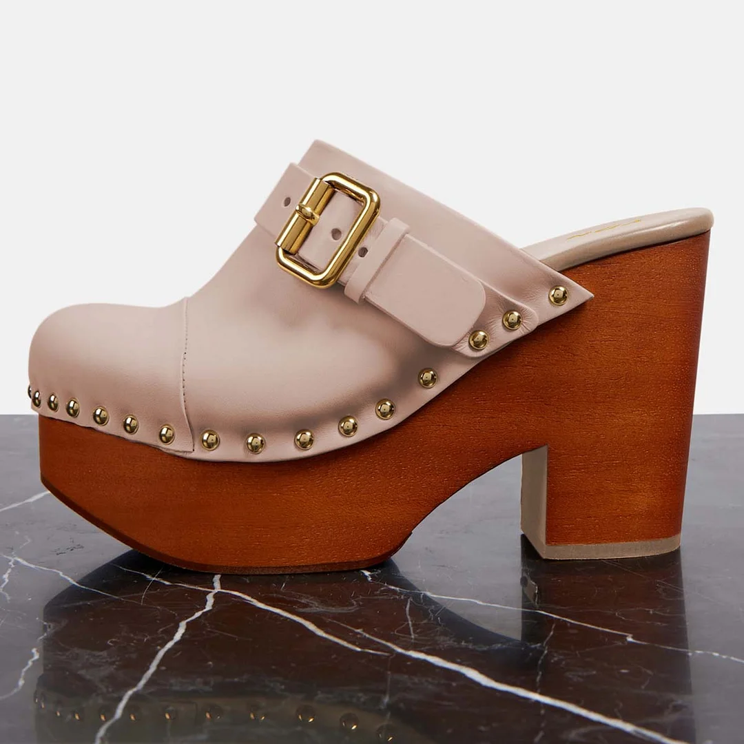 Light Pink Round-Toe Chunky Heel Platform Mules with Buckle Strap