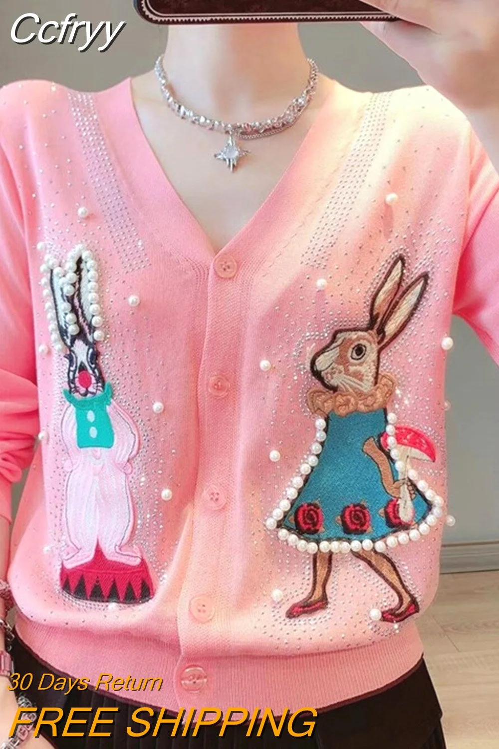 huibahe Beading Rabbit Patchwork Knit Cardigan Women Cartoon Elegant Fashion Ladies Sweater Top Long Sleeve V-neck Thin Jumper