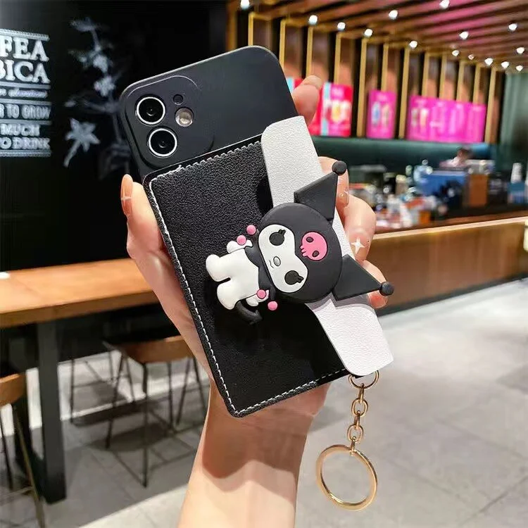 Sanrio Kuromi Cartoon Mobile Case With Wallet lanyard For iPhone 14 13 12 11 Pro Max Mini XR XS MAX 8 X 7 Anti-drop Soft Cover