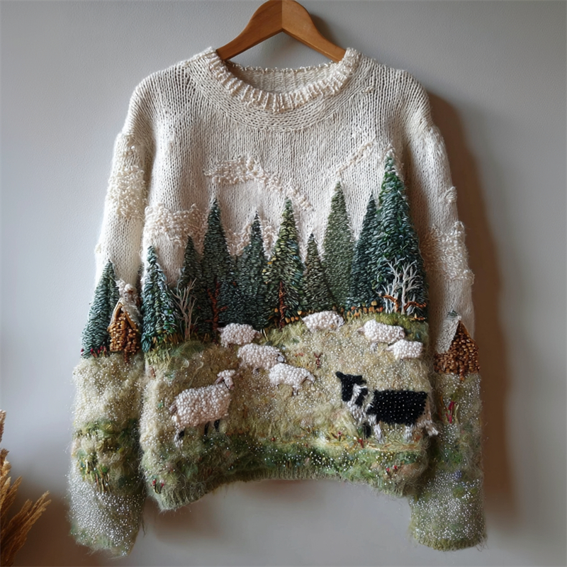 Border Collie & Sheep Landscape Cozy Knit Sweater elevenforest