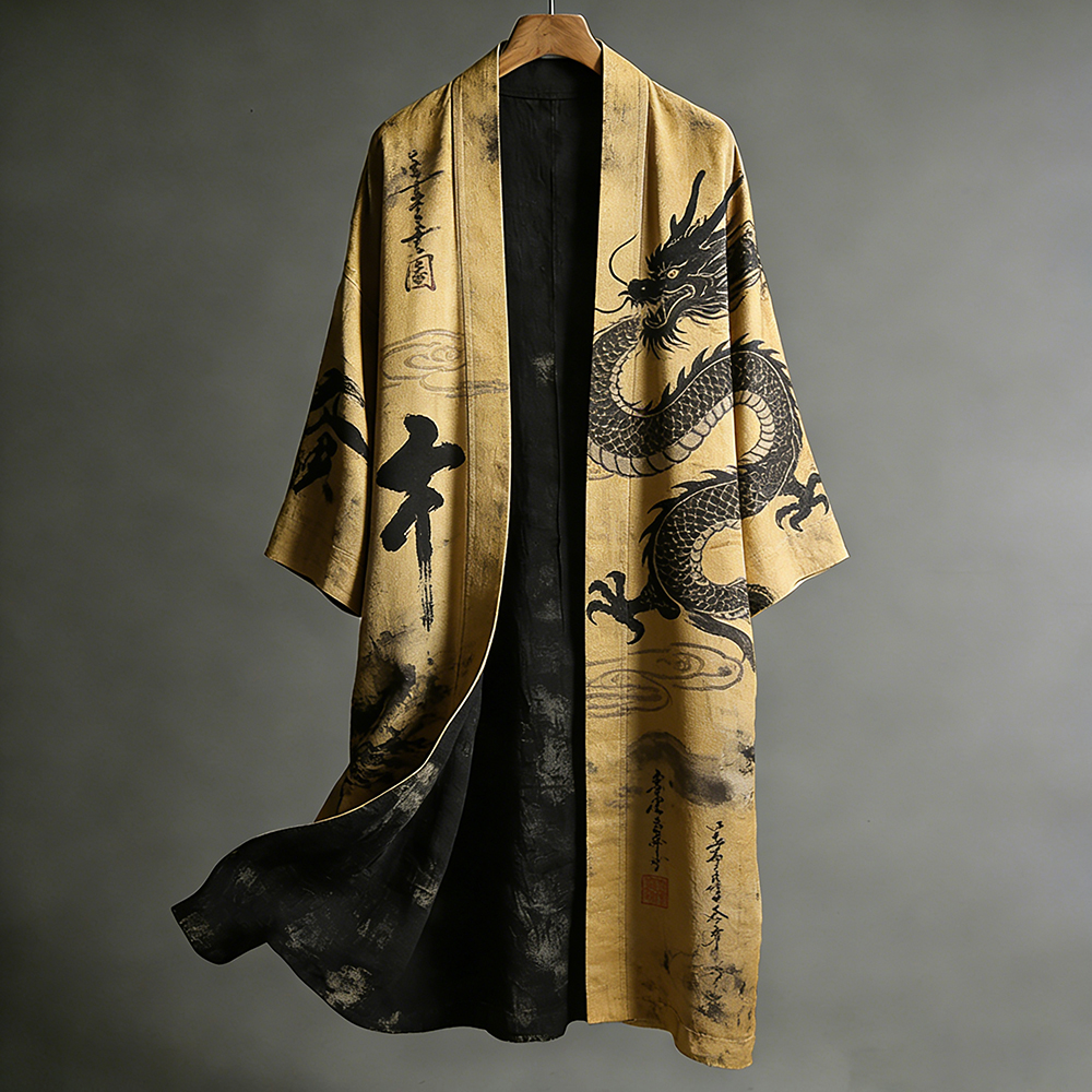Japanese Dragon Totem Color-blocking Kimono  artssus