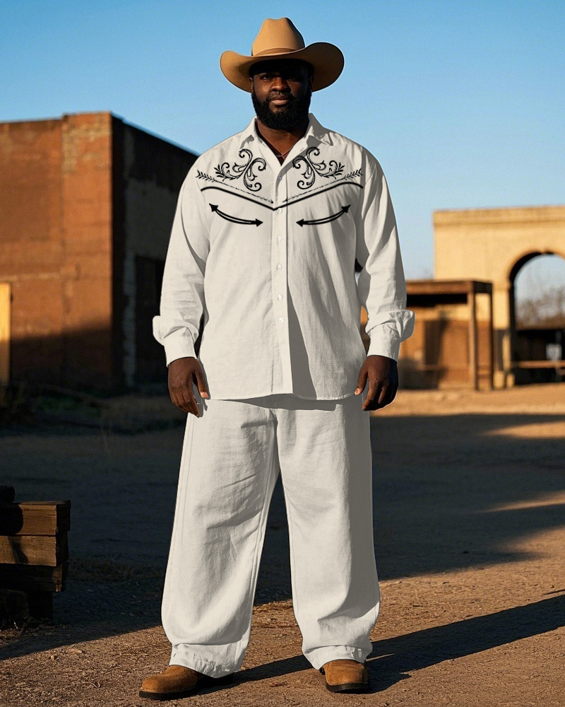 Big Guy's Western Cowboy Style Simple Embroidery Printed Casual Long Sleeve Shirt Pants Set