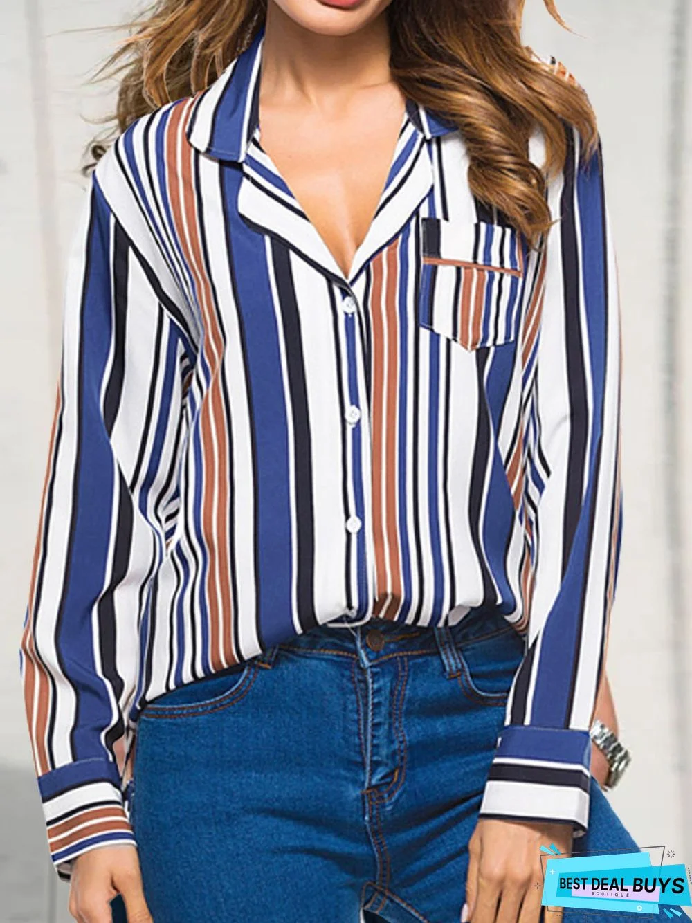 Loose Casual Buckle Striped Blouse