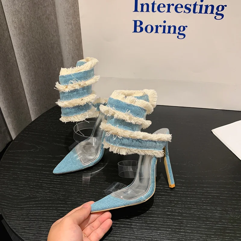 Churchf Churchf 35-42 Sexy Denim Cloth Snake Spring Pointed Catwalk Thin High Heel Sandals