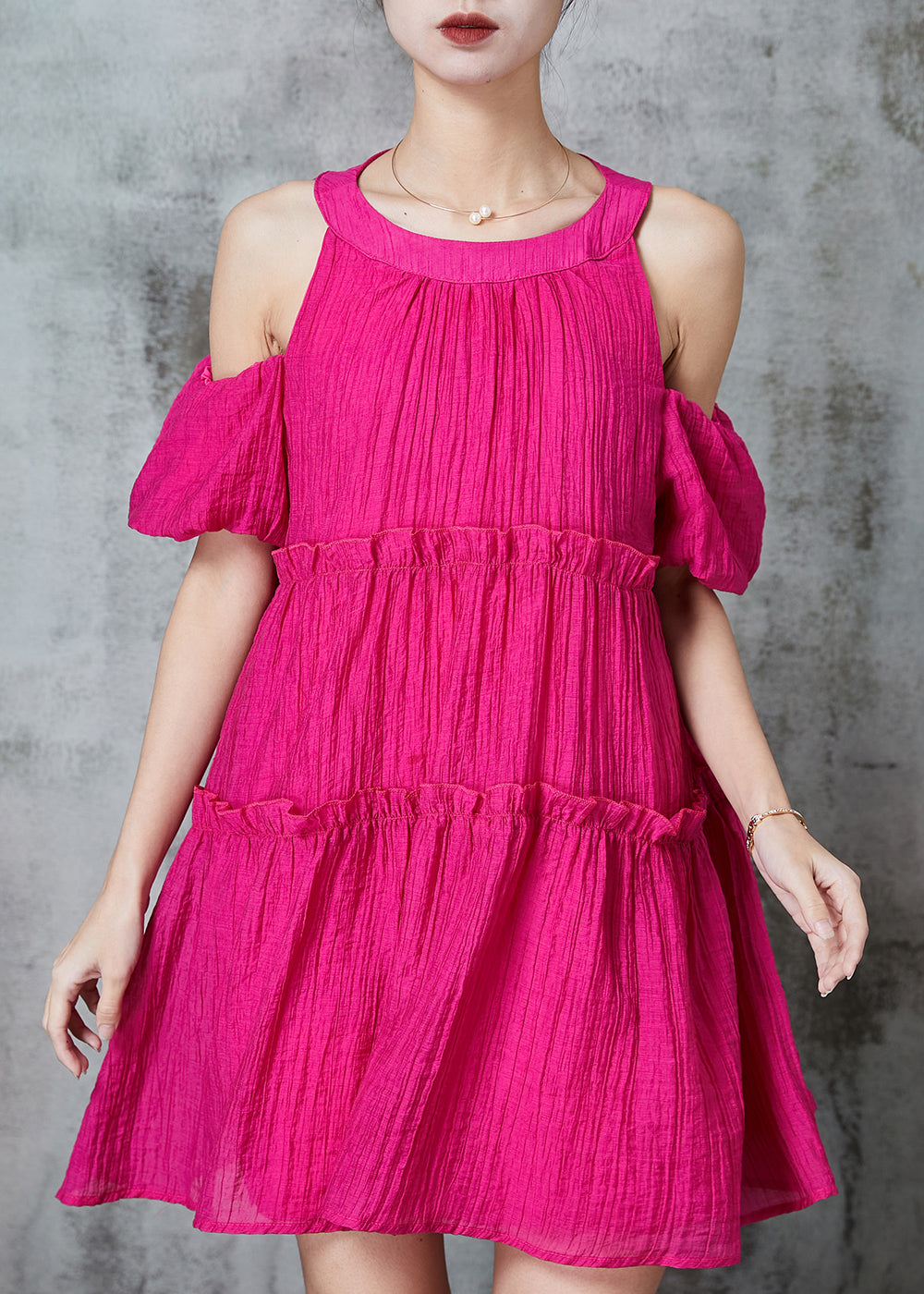 VCSHOES Rose Cold Shoulder Ruffled Mini Dress Summer