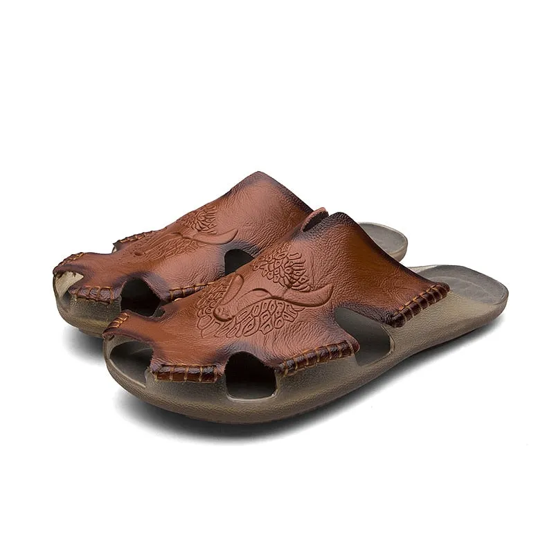 Summer Genuine Leather Men's Sandals Classic Breathable Slip-On Sandals Men Casual Beach Shoes Outdoor Slippers Plus Size 38-48