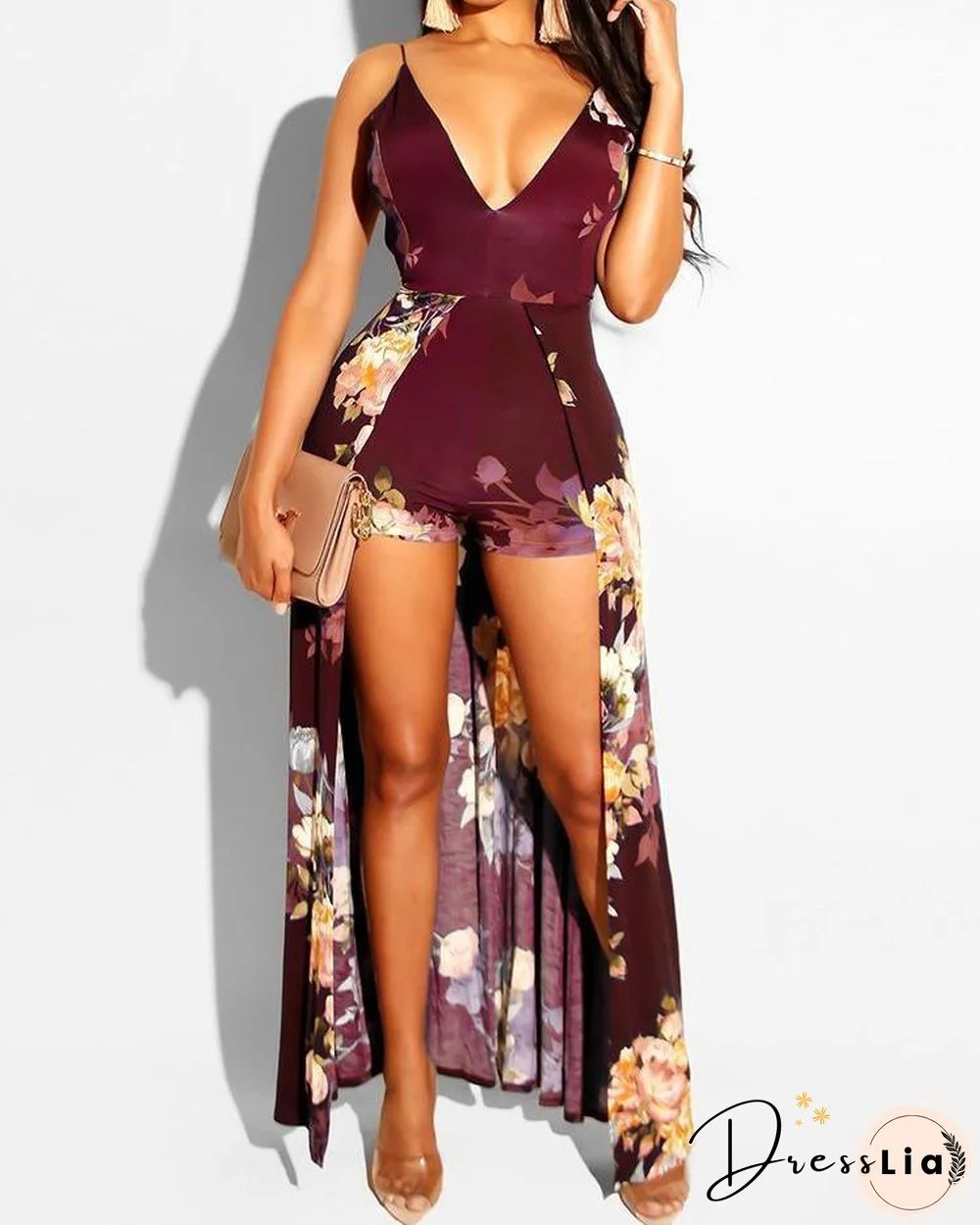 Floral Print Deep V-neck Romper Maxi Dress P11847