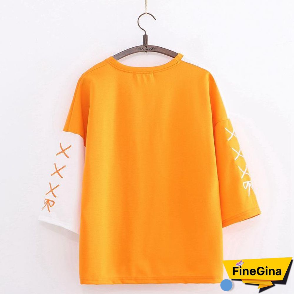 Japanese Orange Letter Print Color Block T-shirt