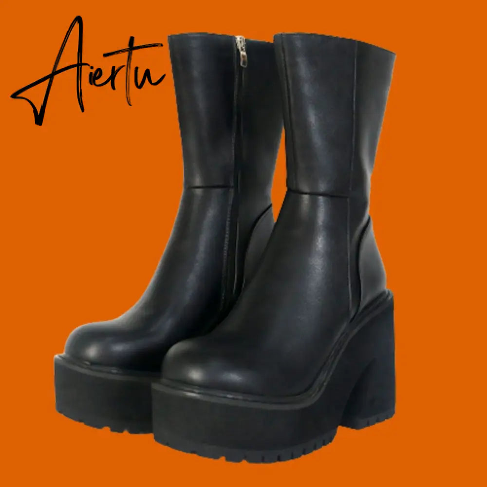 Brand New Design Autumn Winter Knee High Boots Gothic Punk Motorcycle Boots Women Platform Chunky High Heels Shoes For Woman Aiertu
