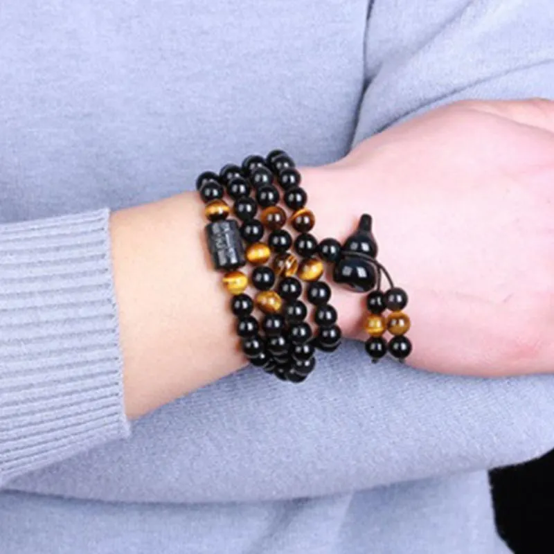 Natural Black Obsidian Rainbow Obsidian Gourd Blessing Bracelet Necklace Mala