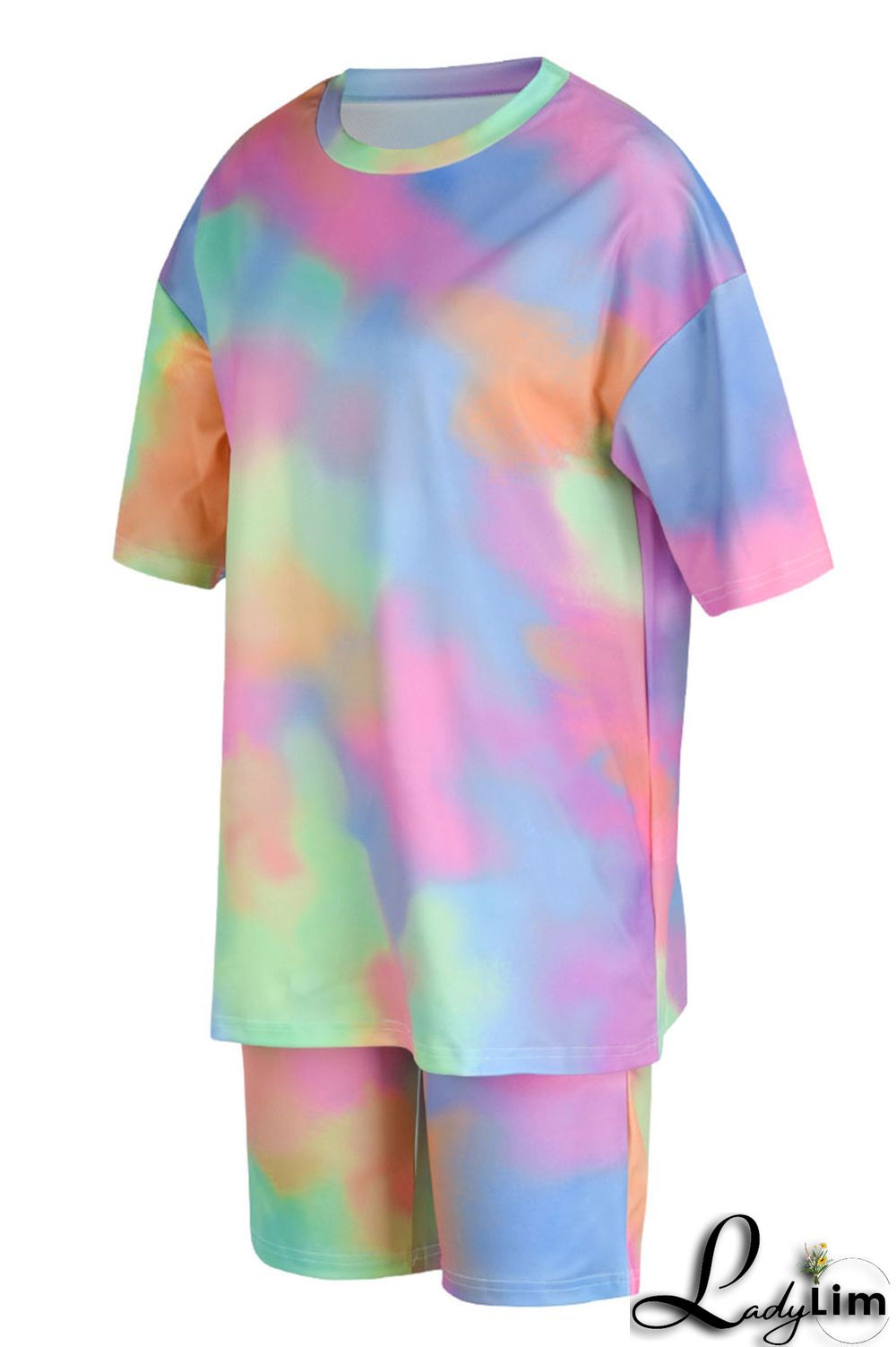 Light Blue Casual Print Patchwork O Neck Short Sleeve Two Pieces