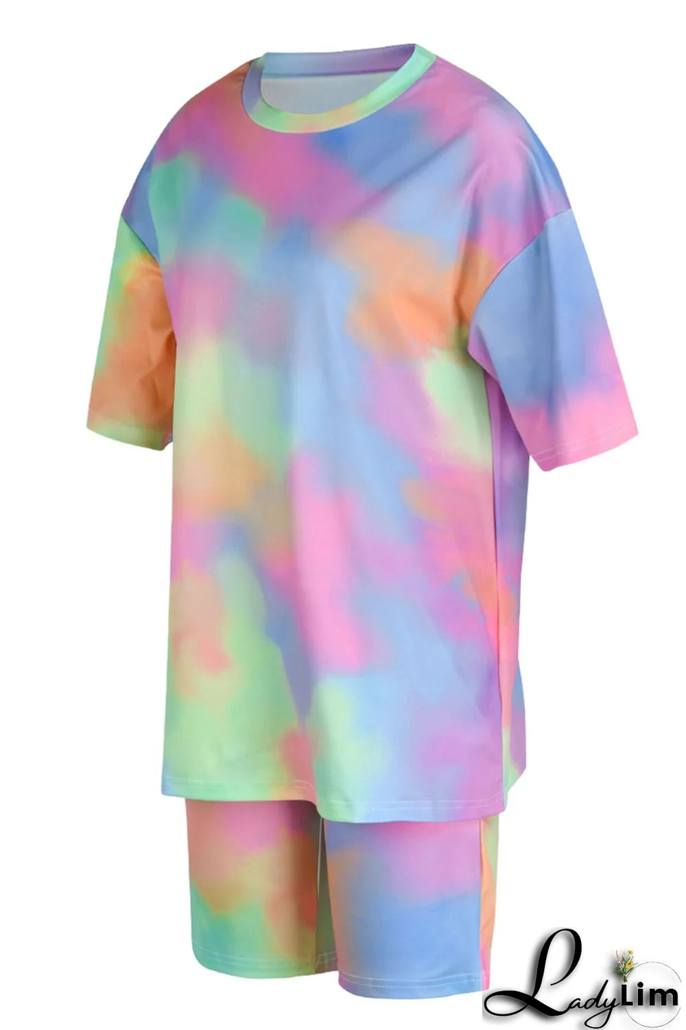 Light Blue Casual Print Patchwork O Neck Short Sleeve Two Pieces