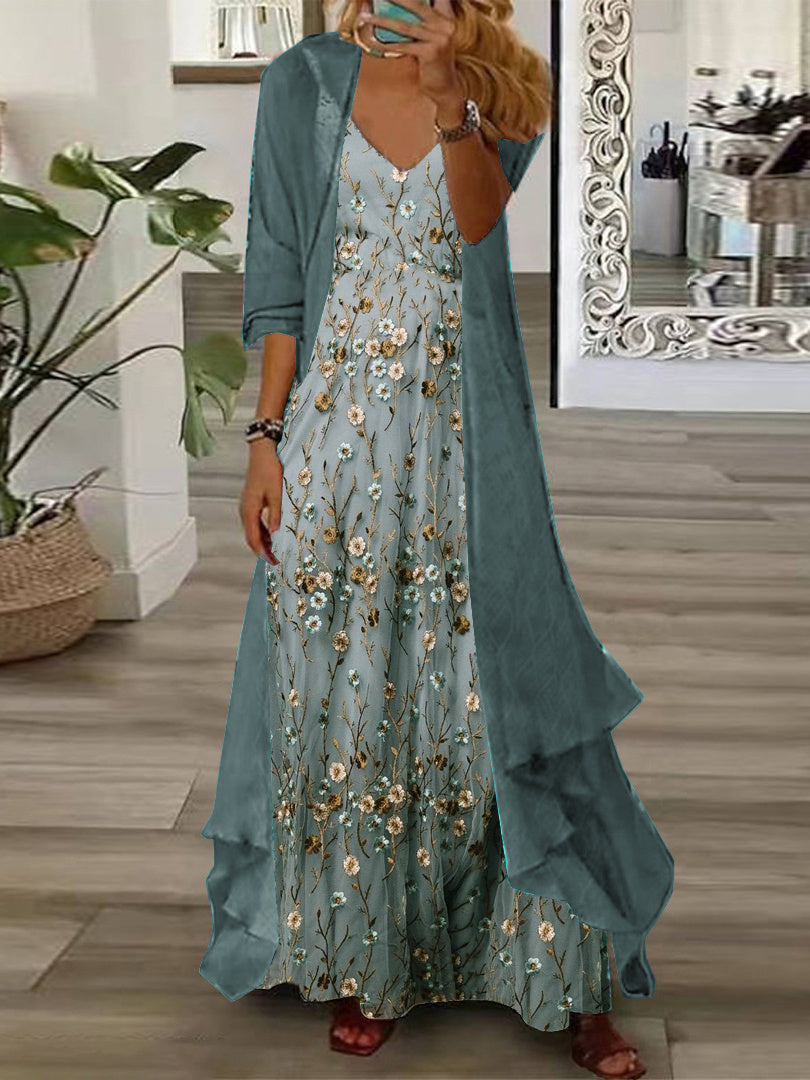 Women's Long Sleeve V-neck Floral Printed Two Pieces Maxi Dress