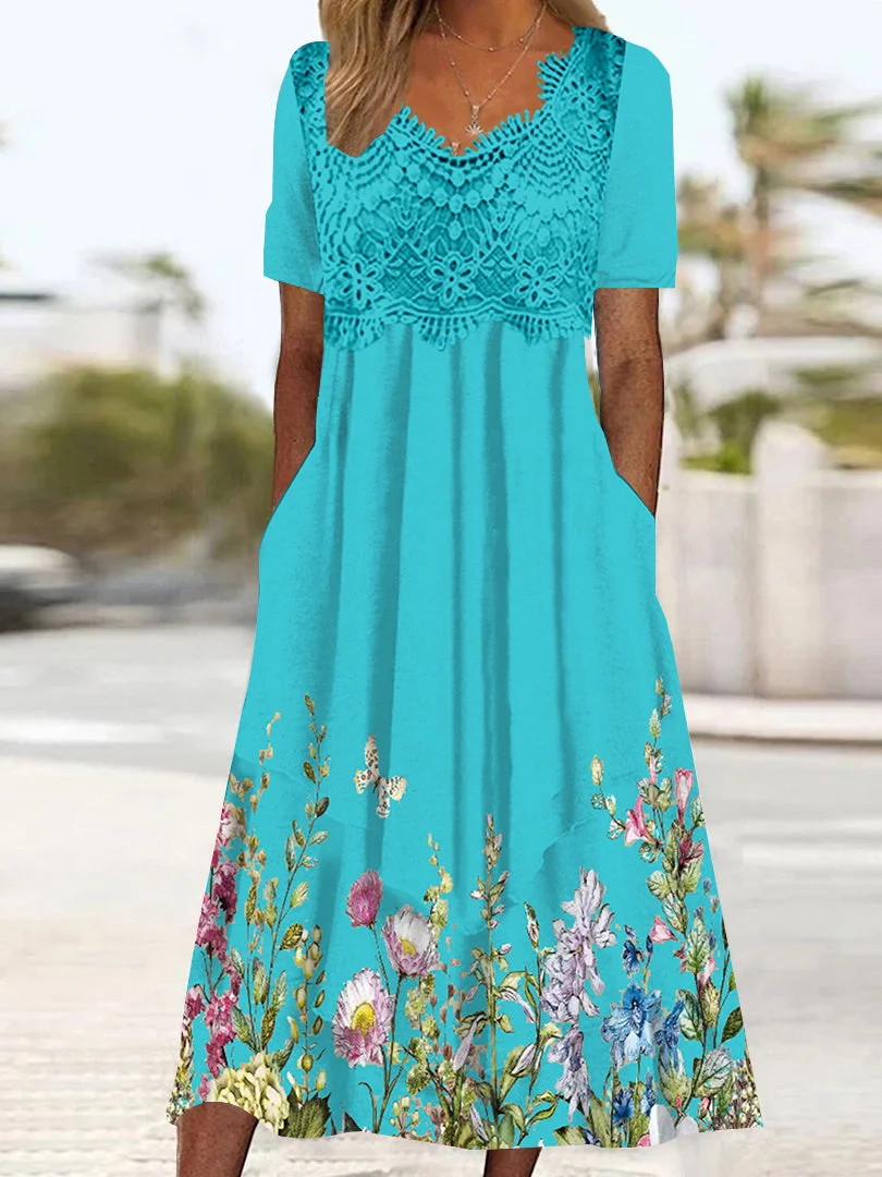 Women's Short Sleeve V-neck Floral Printed Graphic Lace Midi Dress
