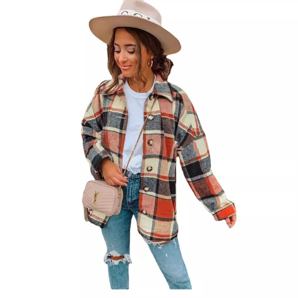 Nigikala Nigikala Net Red Autumn Street Temperament Long-Sleeved Collar Loose Women's Plaid Shirt Long Coat