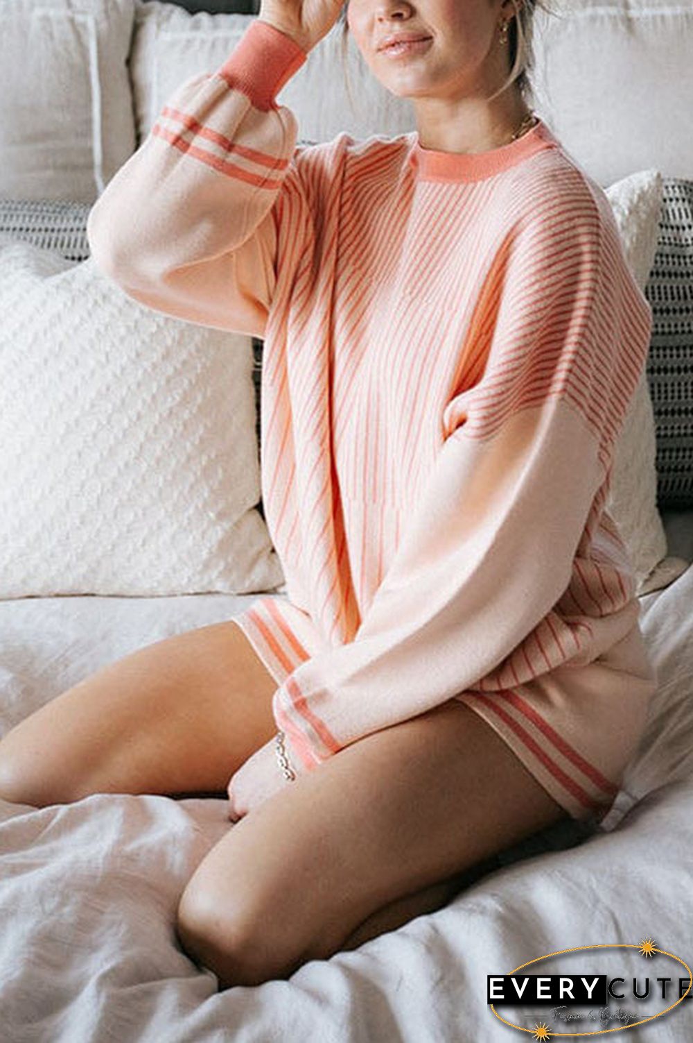 Gradient Stripe Puff Sleeve Sweater Shorts Set