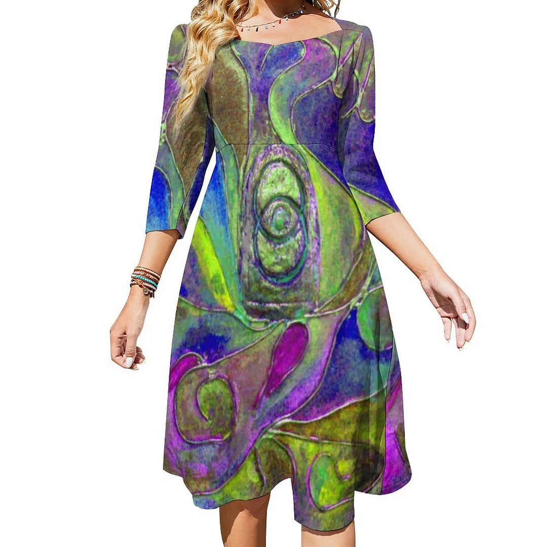 The Jade Guardian From Unseen By Paul Buica Dress Sweetheart Tie Back Flared 3/4 Sleeve Midi Dresses