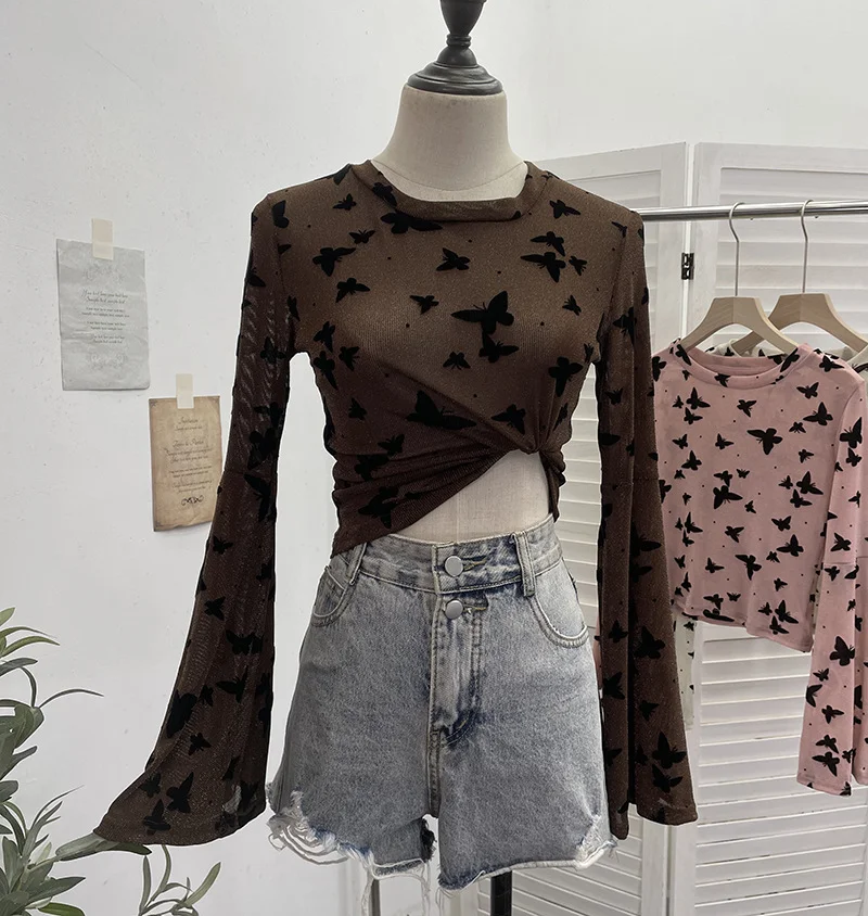 Churchf Real Shooting Spice Girl Butterfly Shiny Shiny Mesh Yarn Long-Sleeved T-Shirt Horn Sleeve Short Repair Body Jacket 8031