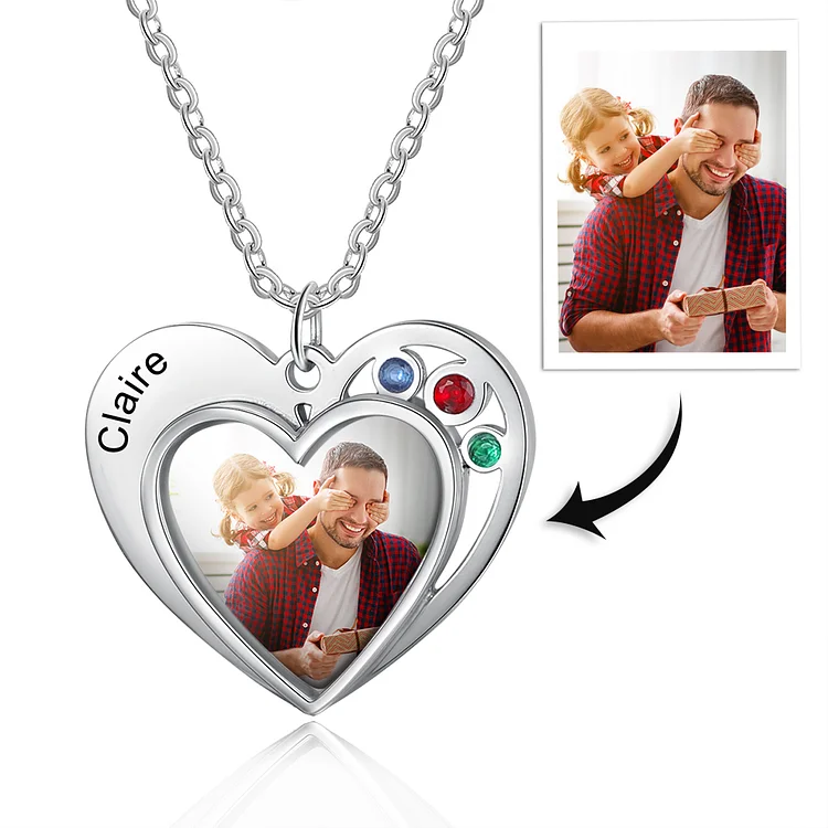 Personalized Photo Necklace Custom 3 Birthstone with Engraving 1 Name