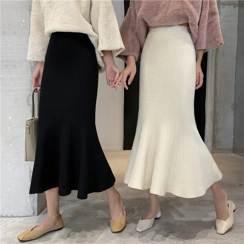Winter Spring Knitted Mermaid Sweater Skirt Elastic High Waist Women Midi Skirt Solid Ruffle Party Skirts Female