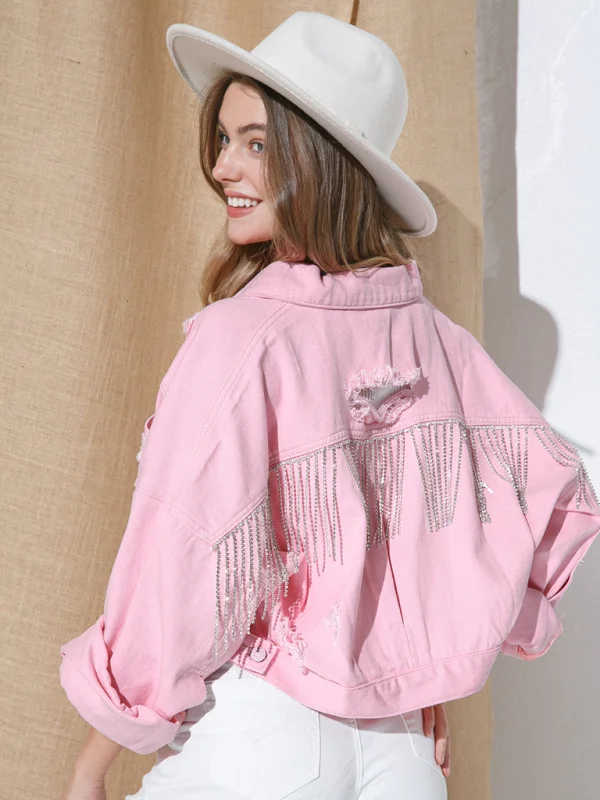 Ripped Denim Rhinestone Tassel Ladies Cropped Jacket Flusfy