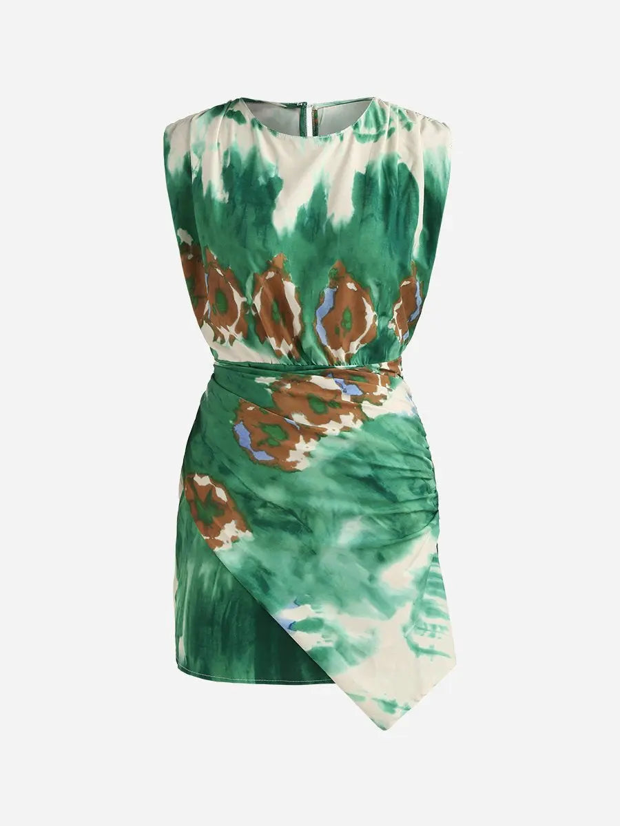 Round Neck Asymmetrical Sleeve Short Dress
