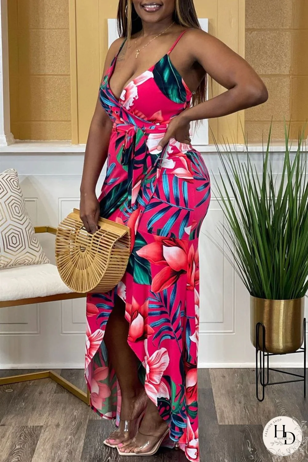 Red Sexy Casual Print Bandage Backless V Neck Sling Dress