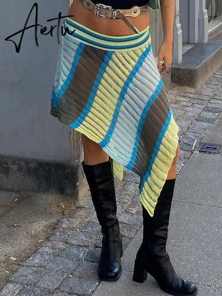 Street Style Striped Knitted Irregular Hem Skirts Vintage Women Casual Low Rise Wrapped Midi Skirts Street Holiday Wear Aiertu