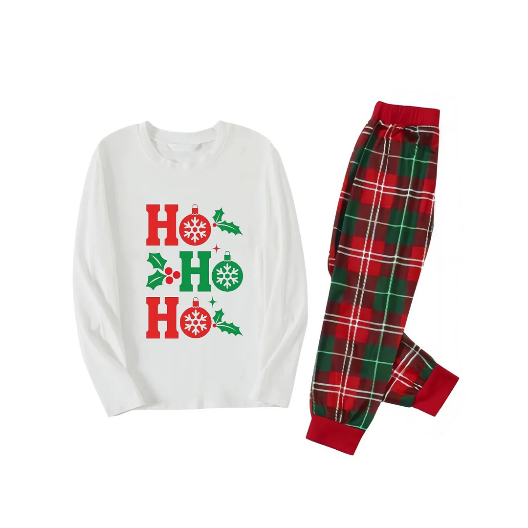 "HO HO HO" Letter Christmas 2024 White Long Sleeve Top with Red & Green Plaid Family Matching Pajamas