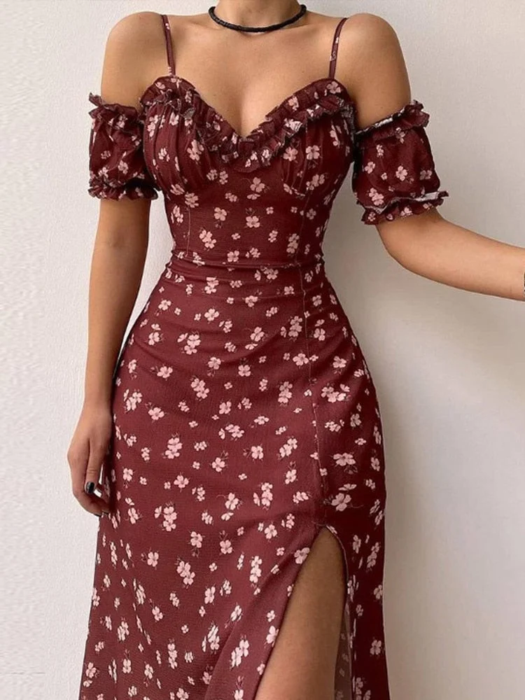 Jacqueline 2022 Puff Sleeve Midi Floral Dress Women Retro Elegant Sexy Split Sundress Casual Ruched Drawstring Dresses Summer