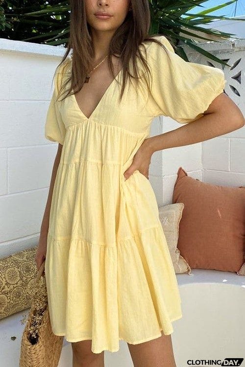V Neck Puff Sleeve Mini Dress