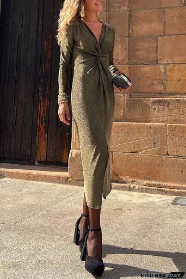 Outshine You Metallic Center Front Kink Slit Stretch Midi Dress