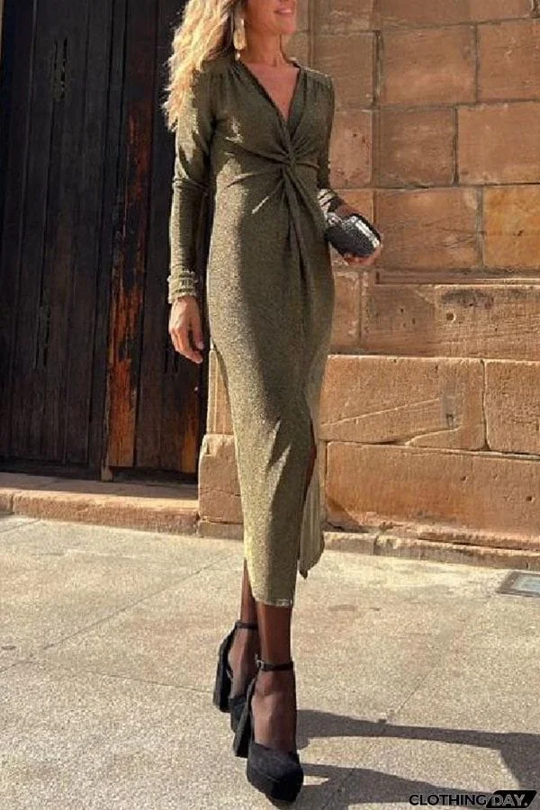Outshine You Metallic Center Front Kink Slit Stretch Midi Dress