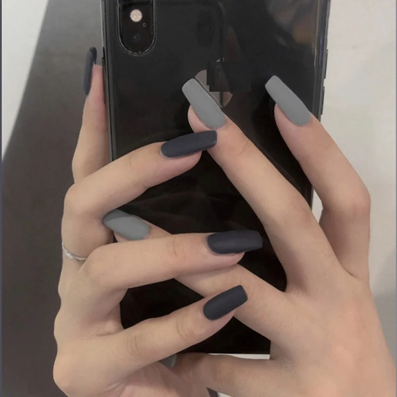24pcs/Set Mixed Dark Grey Fake Nails Square Long European Matte False Nails Women Manicure Full Finger Nail Art Tips with Glue