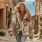 Women's Vintage Patchwork Floral Art Cozy Knitted Zip-up Hoodie - Image 2