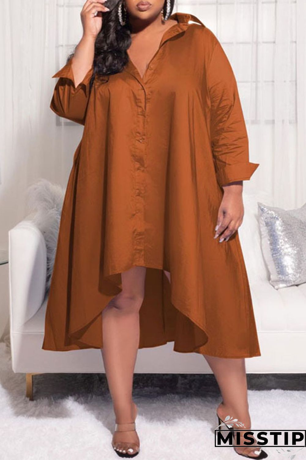 Purple Casual Solid Patchwork Buckle Asymmetrical Turndown Collar Shirt Dress Plus Size