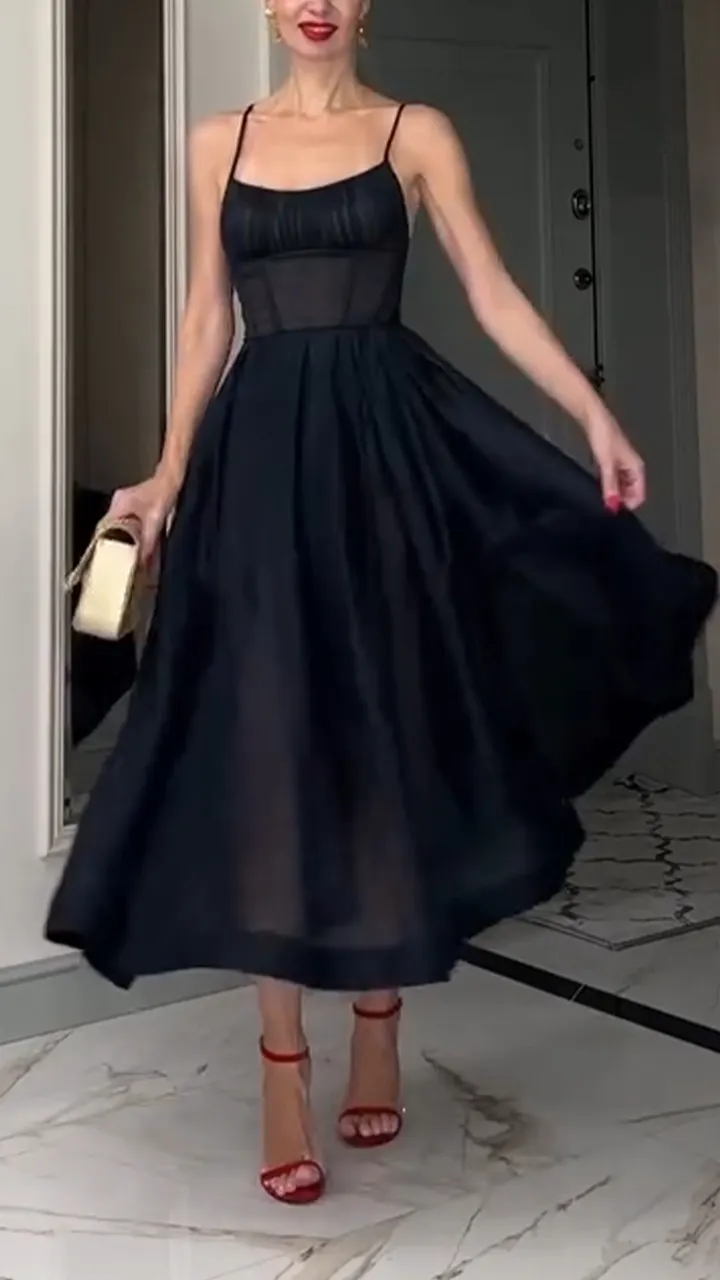 Women Spaghetti Strap Patchwork Solid Color Elegant Casual Dress