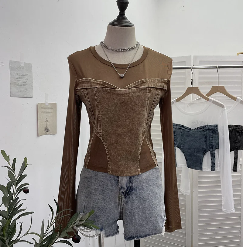 Uveng Spice Girls Design Sense Net纱 Stitched With Denim Blouse Long-Sleeved Bottom Shirts To Dress Short Niche T-Shirt 2633