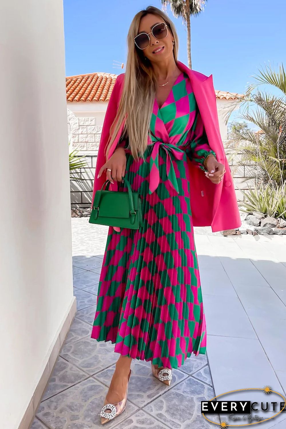 Multicolor Rhombus Contrast Color Block Belted Maxi Dress