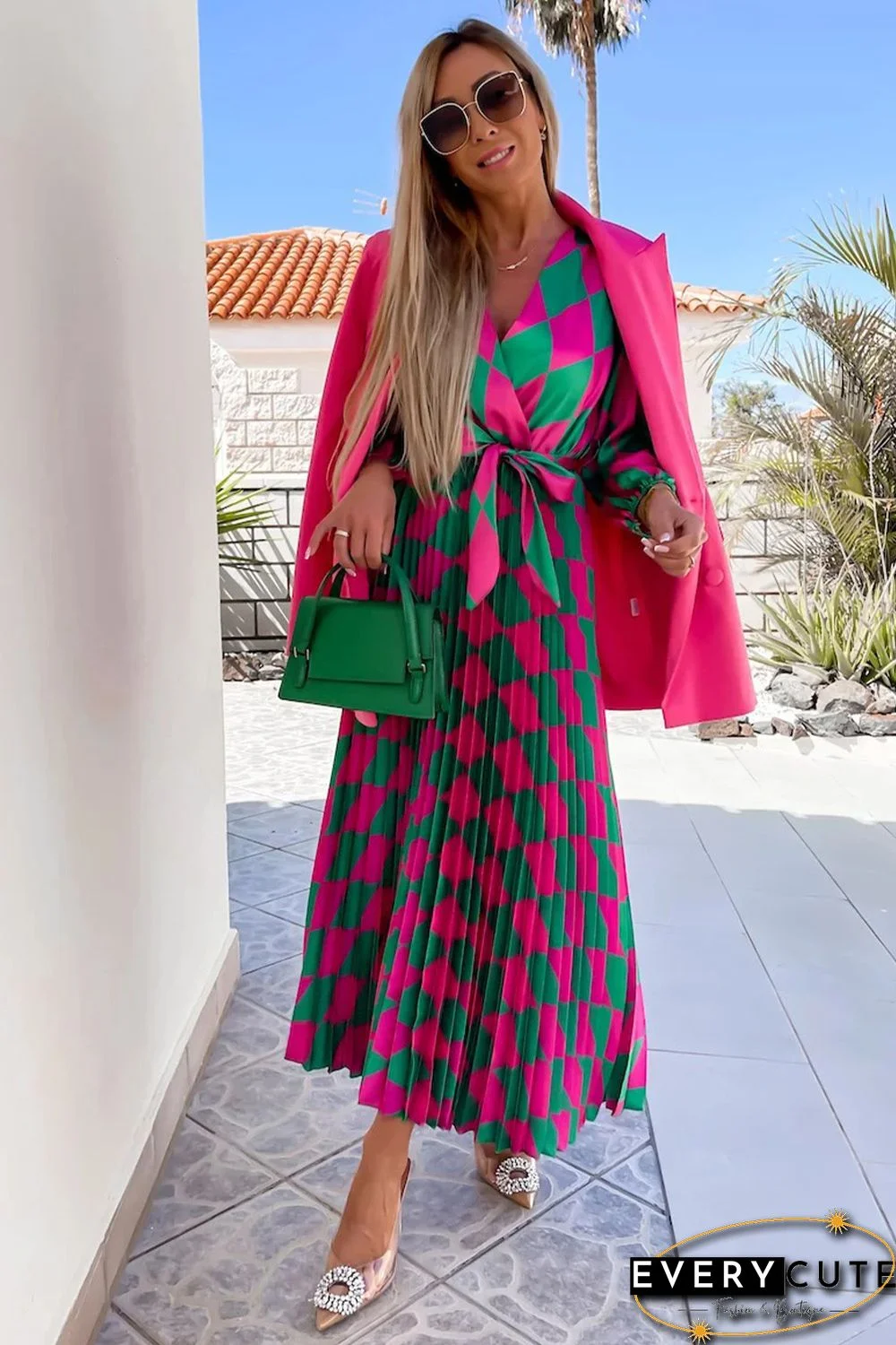 Multicolor Rhombus Contrast Color Block Belted Maxi Dress