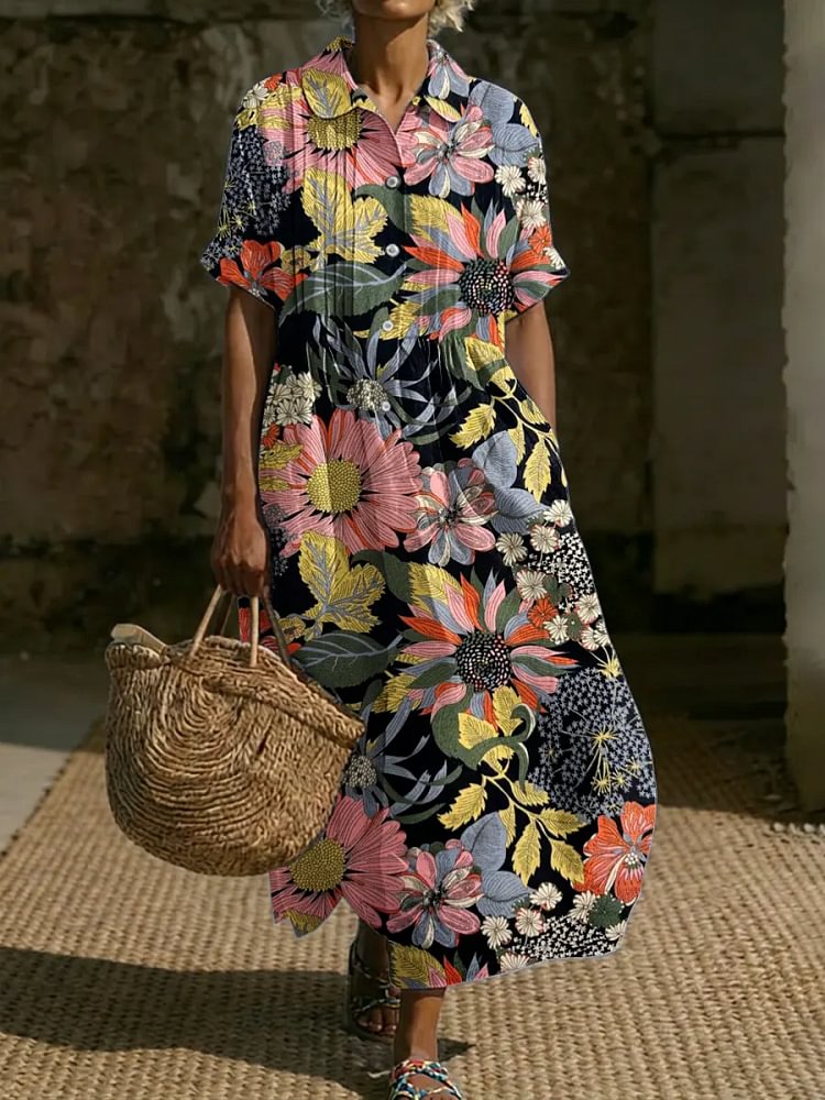 Women's Vintage Floral Art Print Casual Short Sleeve Small Collared Linen Dress