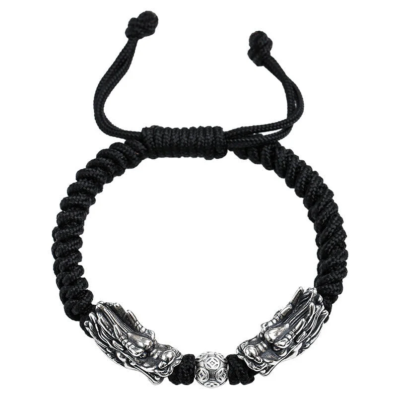 Double Dragon 999 Sterling Silver Luck Handmade Braided Bracelet
