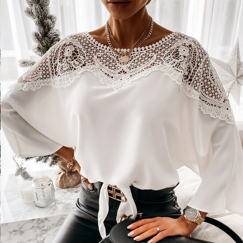 Wongn New Crochet Embroidery Lace Blouses Women Autumn Sexy Lace Stitching White Shirts Vintage Elegant Ladies Tops Blusas 12459