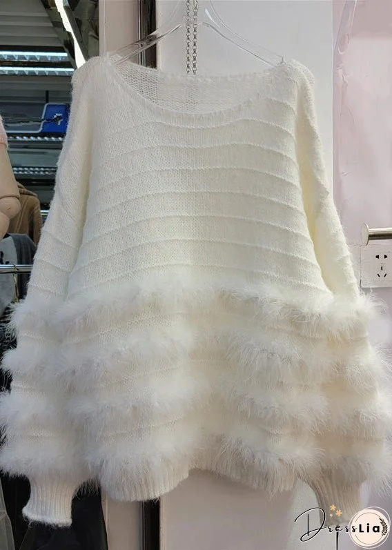 French White O-Neck Rabbit Hair Patchwork Cotton Knit Top Fall