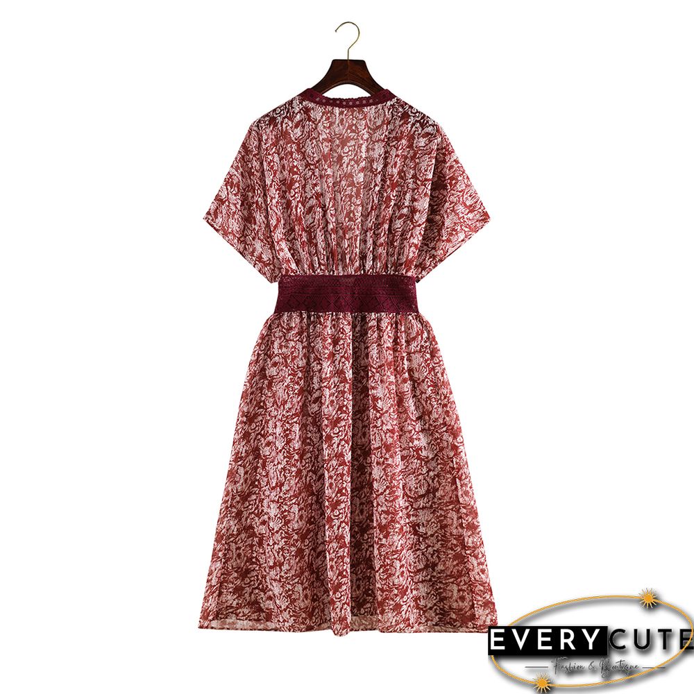 Rust Red Chiffon & Lack Long Kimono Beach Cover