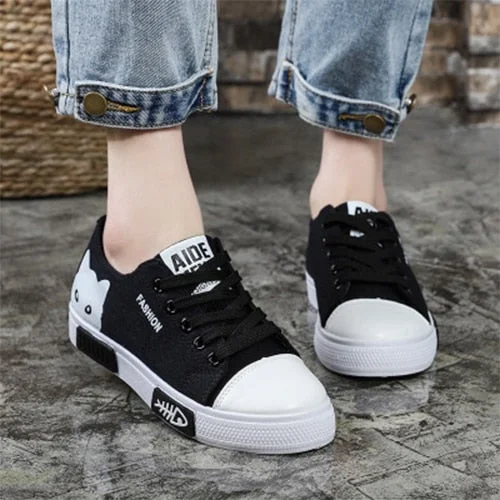 2020 Woman Vulcanized Women Flats Canvas Female Cartoon Cat Women's  Platform Sneakers Ladies Board Shoes Round Toe Plus Size 40