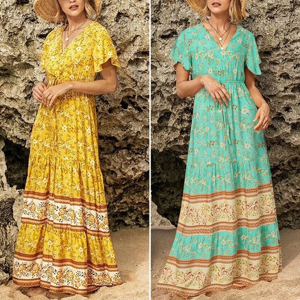 Women Loose Elastic Wiast Holiday Beach Kaftan Long Shirt Dress Floral Printed Sundress Plus - Shop Trendy Women's Fashion | TeeYours
