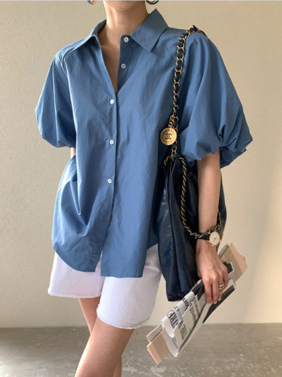 Lantern Short Sleeve Spread Collar Single Row Buttons Shirt