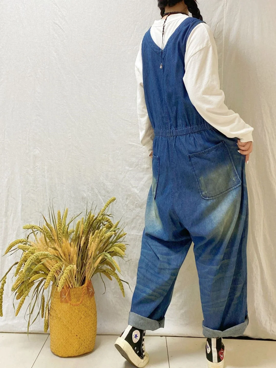 Women's Casual Retro Cropped Workwear Denim Overalls Jumpsuit